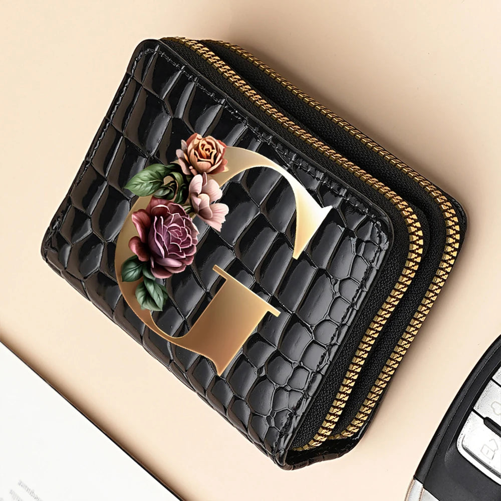 Alphabet Flower Double-Zip Card Wallet with Secure Clasp