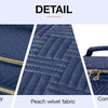 Detail shot of a navy blue velvet toiletry bag showing double-way zippers and a convenient carry handle