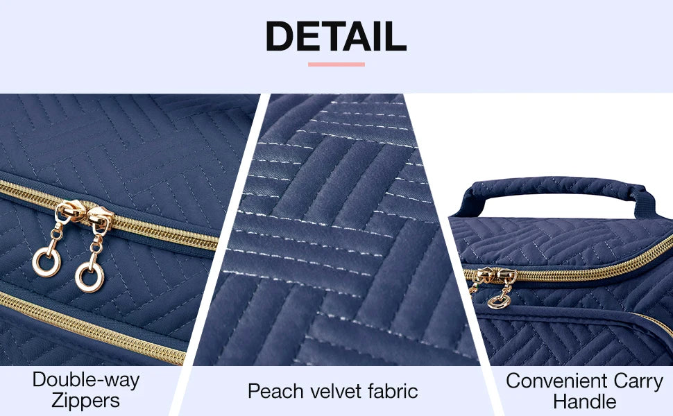 Detail shot of a navy blue velvet toiletry bag showing double-way zippers and a convenient carry handle