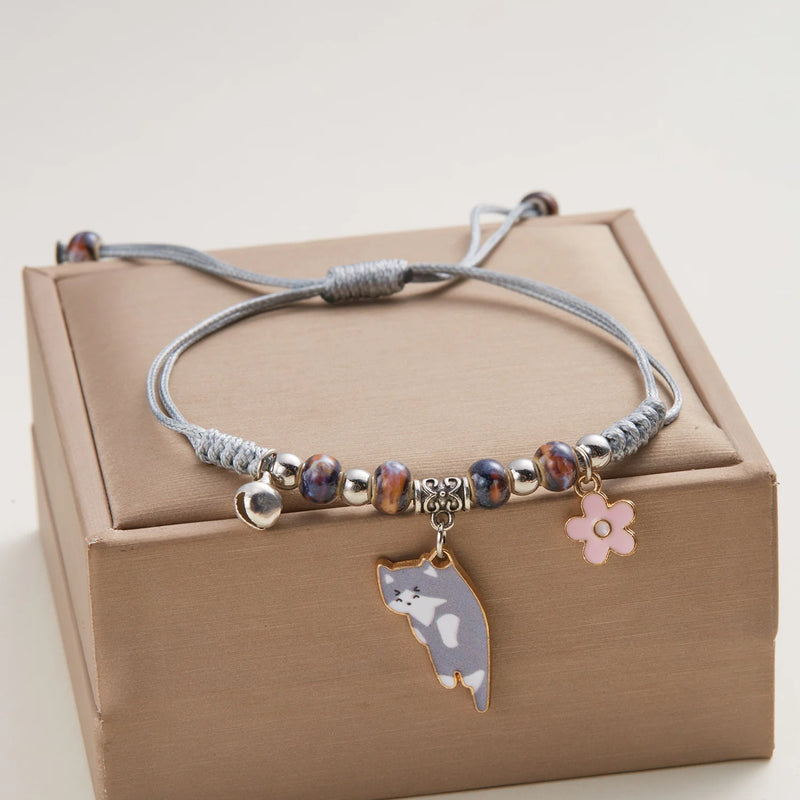 Enamel Cat & Flower Charm Bracelet
