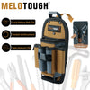 A brown technician tool pouch with a black quick-release belt clip and riveted reinforcement features various tools.