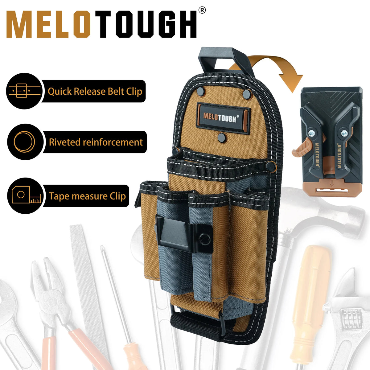 A brown technician tool pouch with a black quick-release belt clip and riveted reinforcement features various tools.