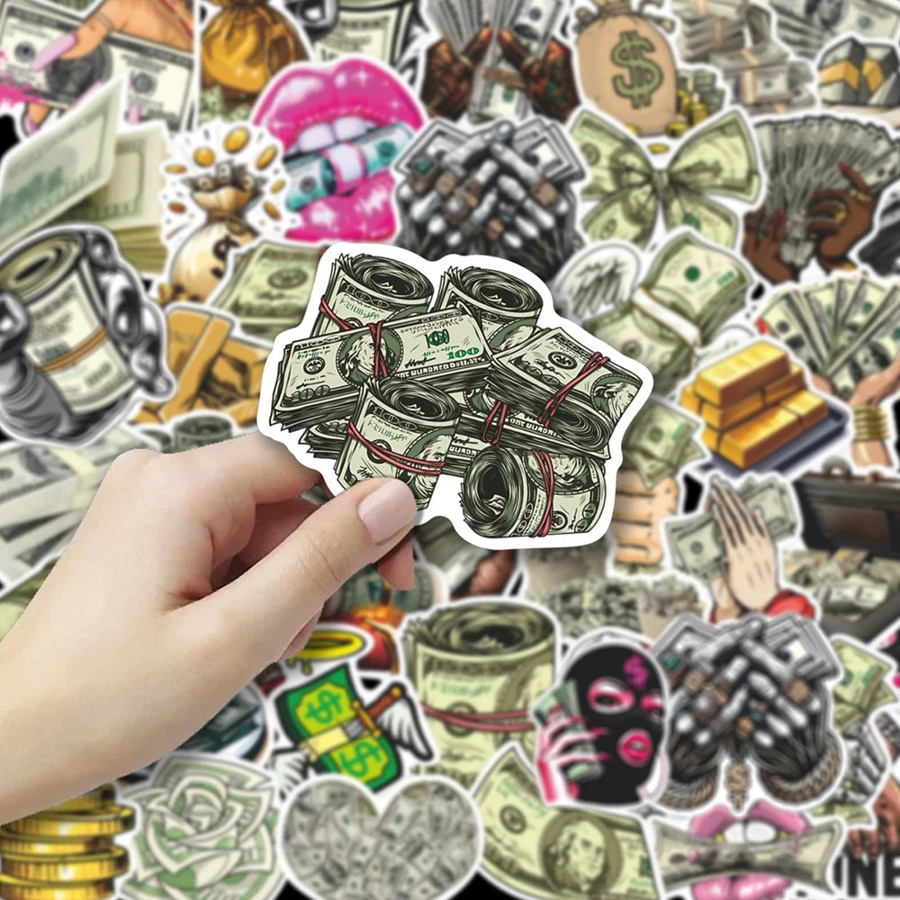 A collection of funny money cartoon graffiti stickers featuring various currency and cash themes.