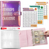 A pink A5 budget binder with cash envelopes and a savings challenge tracker sheet.