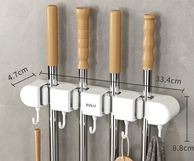 Wall-Mounted Mop and Broom Holder with Adhesive Mount