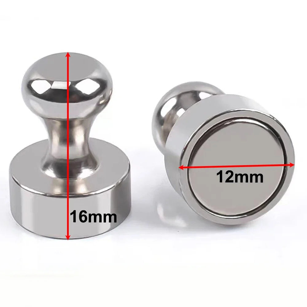 Silver neodymium magnetic pushpin with a 16mm shaft and a 12mm head.