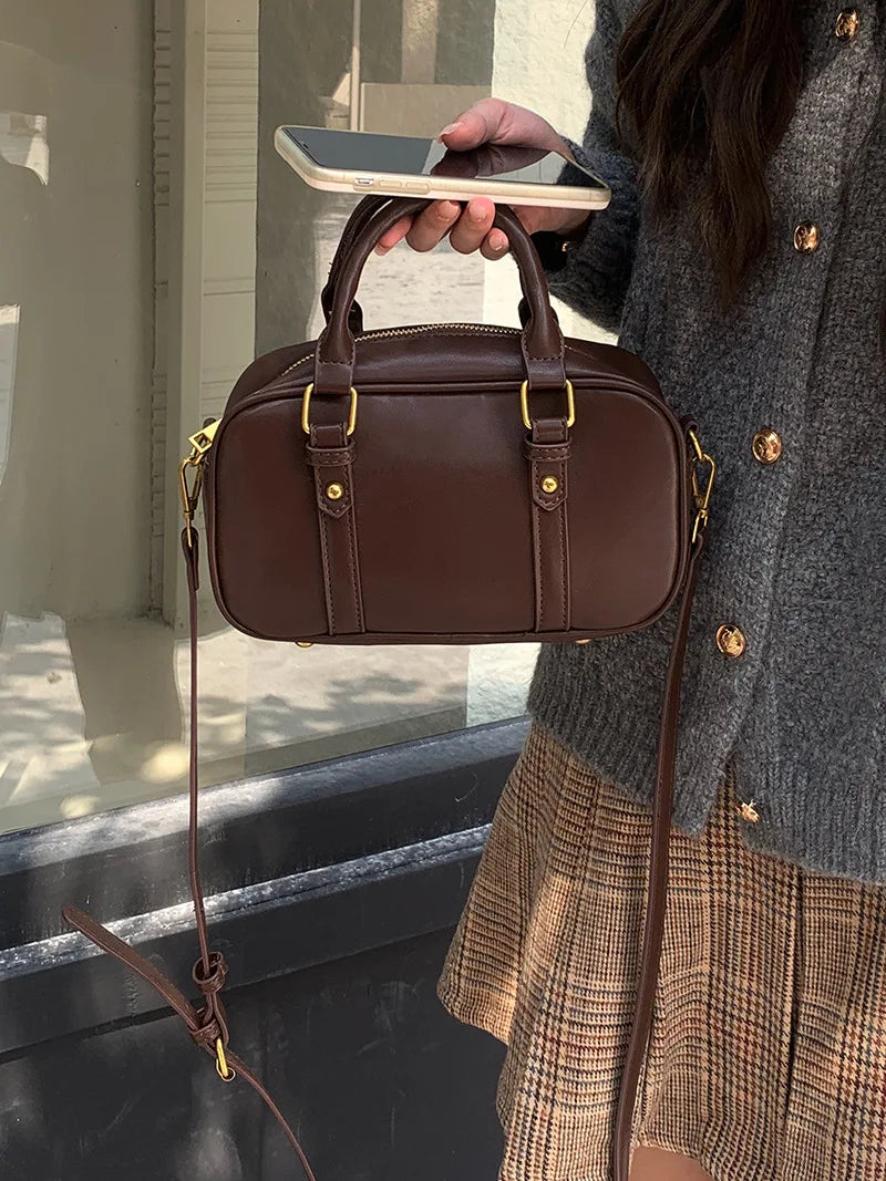 Vintage PU Leather Crossbody Shoulder Bag – Solid Color Retro Handbag