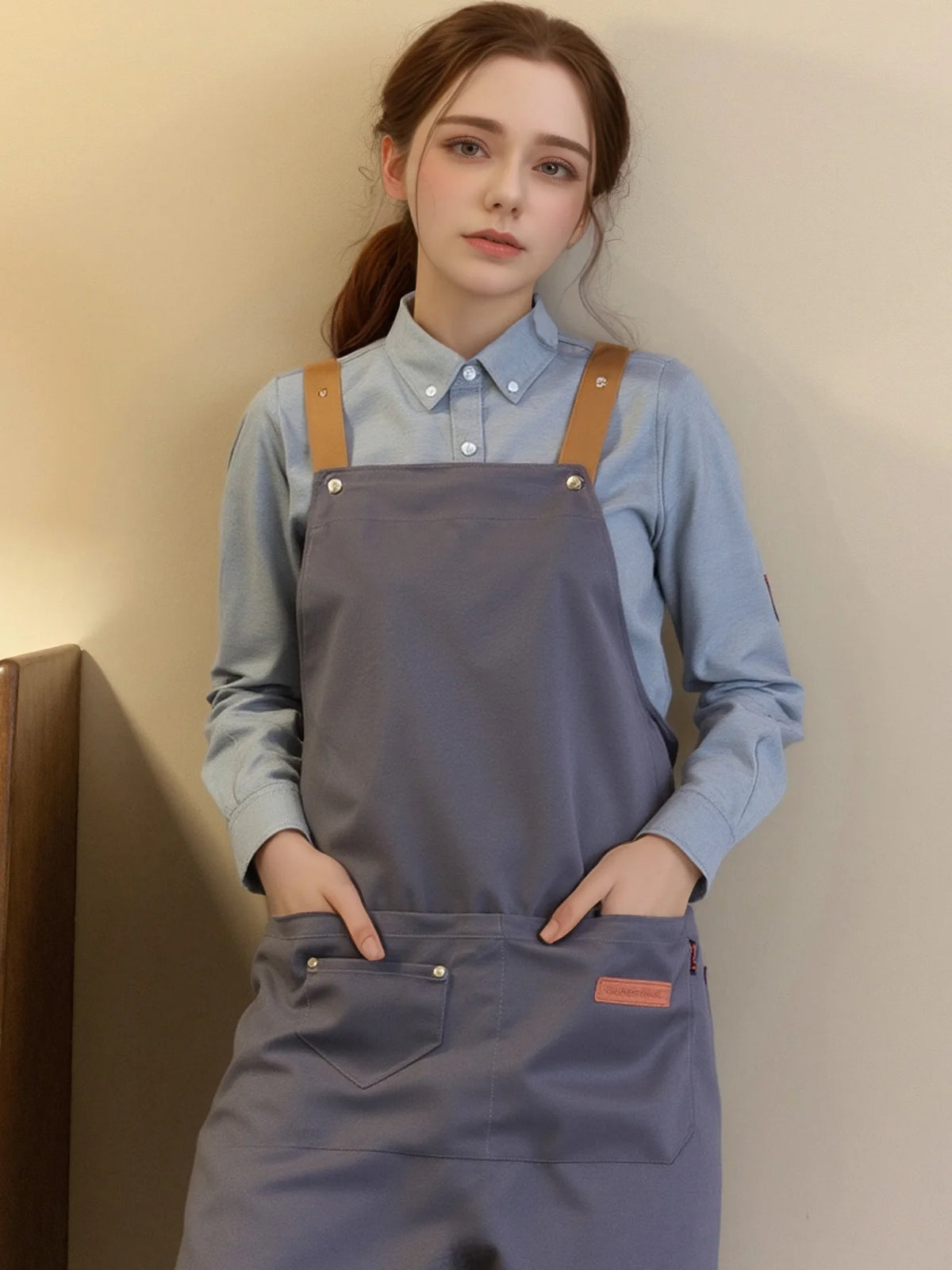 A young woman wearing a gray adjustable polyester kitchen apron over a light blue shirt.