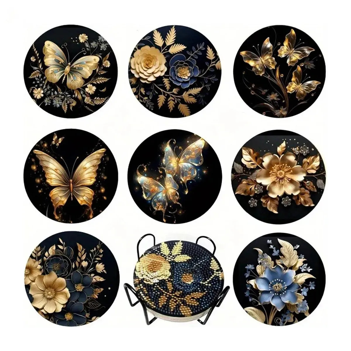 A collection of eight dark-themed diamond art coasters featuring floral and butterfly designs.
