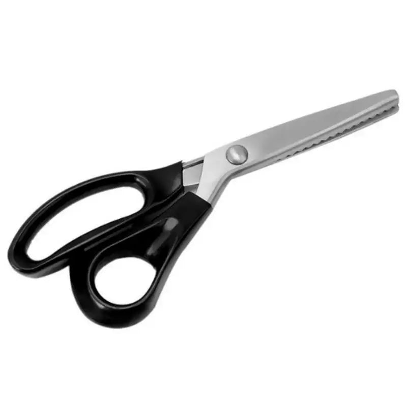 Silver stainless steel pinking shears with black handles and blades