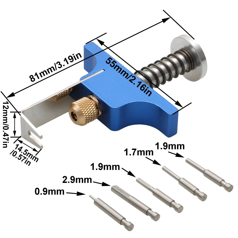 A blue tool kit for removing tiny whoop propellers, featuring a main body and an ejector pin with various sized pins.