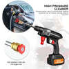 A black high pressure water gun with a trigger lock and red foam generator is shown next to a car.