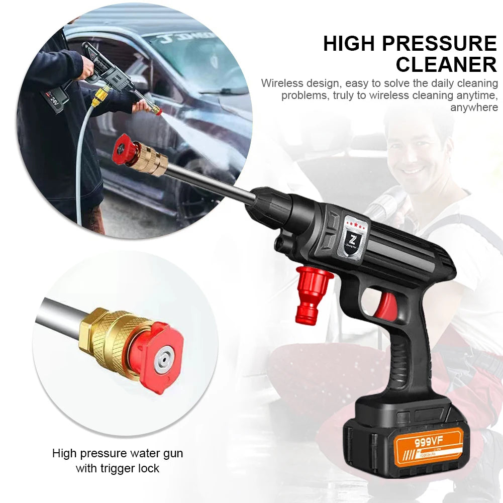 A black high pressure water gun with a trigger lock and red foam generator is shown next to a car.