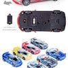 A collection of various colored police car toys with lights and sounds, including a red, blue, yellow, and silver vehicle.