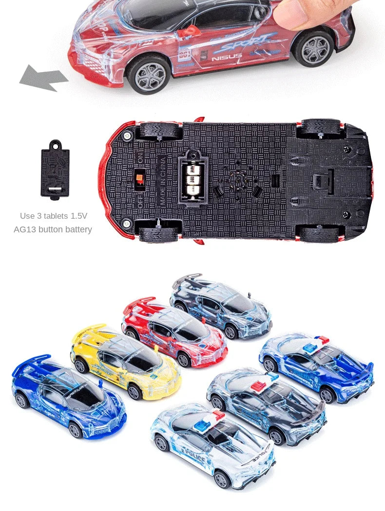 A collection of various colored police car toys with lights and sounds, including a red, blue, yellow, and silver vehicle.