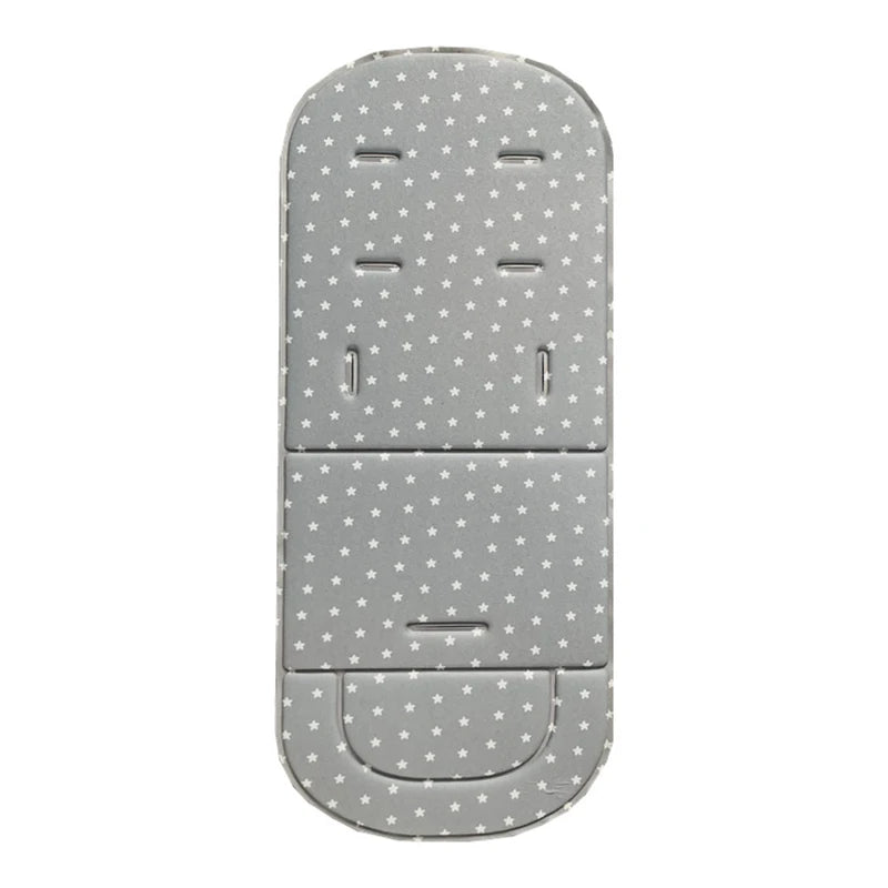 A gray stroller seat cushion with a pattern of small white stars and molded features.
