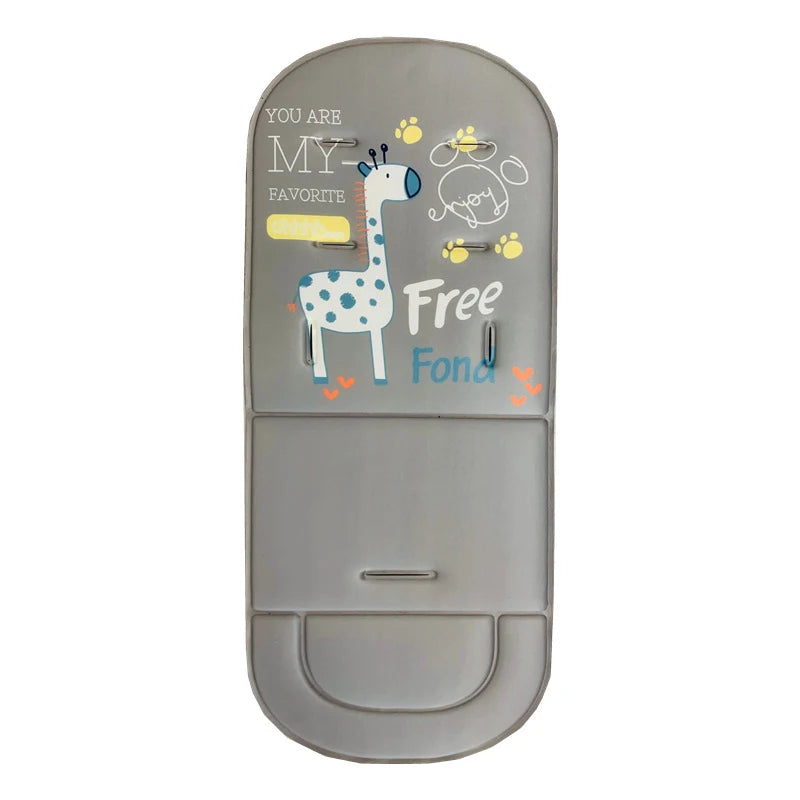 A gray cartoon baby stroller seat cushion featuring a giraffe and the text Free Fond