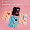 Various silicone baby teether toys shaped like remote controls in pink, black, and blue colors