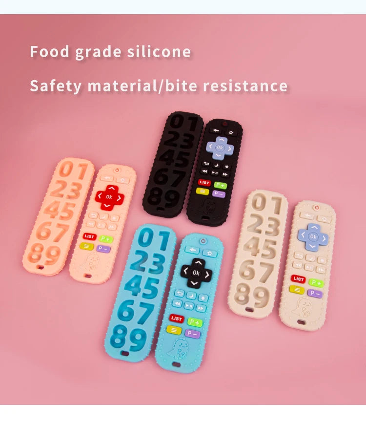 Various silicone baby teether toys shaped like remote controls in pink, black, and blue colors
