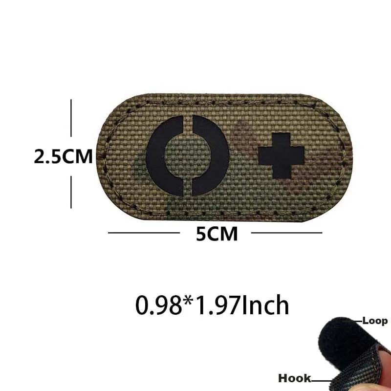 Tactical glow-in-the-dark blood type patches with hook and loop backing
