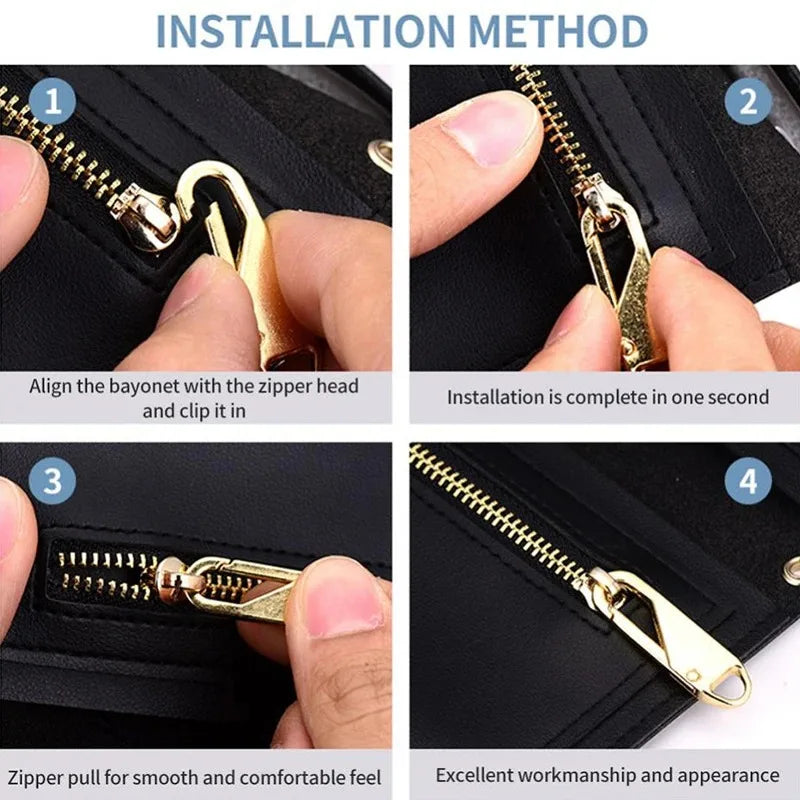 Installation method showing how to align and clip a metal zipper head onto a leather item.