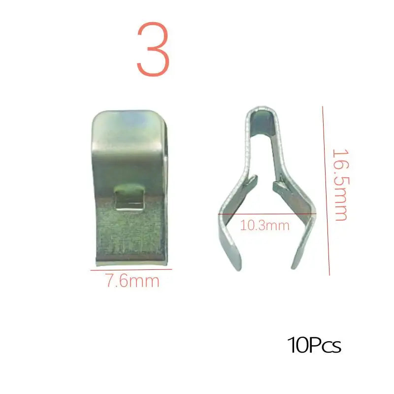 Three universal metal trim panel fastener clips shown with dimensions 7.6mm and 10.3mm, packaged as a 10-piece set.