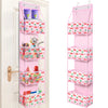 Pink over-the-door hanging organizer with multiple clear compartments for storage