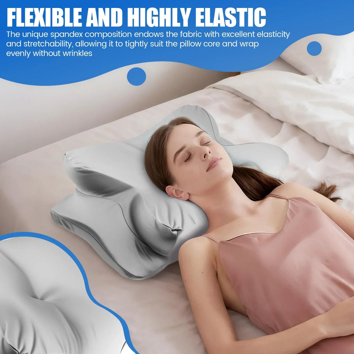 A woman is sleeping comfortably with a flexible and highly elastic pillow, demonstrating the fabric's stretchability.