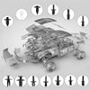 A collection of plastic push-pin auto trim fasteners and various automotive trim pieces displayed on a white background.