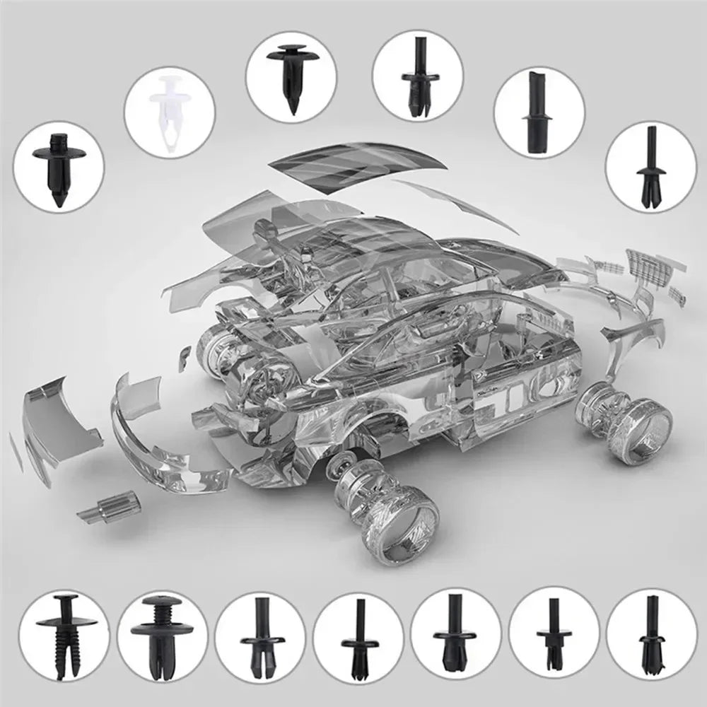 A collection of plastic push-pin auto trim fasteners and various automotive trim pieces displayed on a white background.