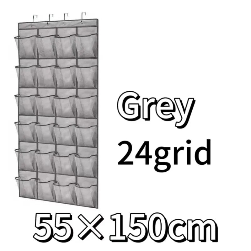 Grey 24grid over-the-door mesh shoe organizer with hanging pockets measuring 55x150cm