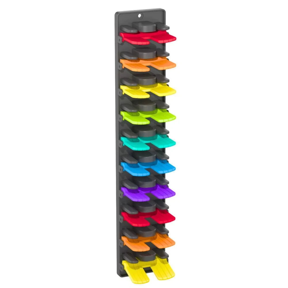 A vertical rack organizer with multiple colored baseball caps mounted for display.