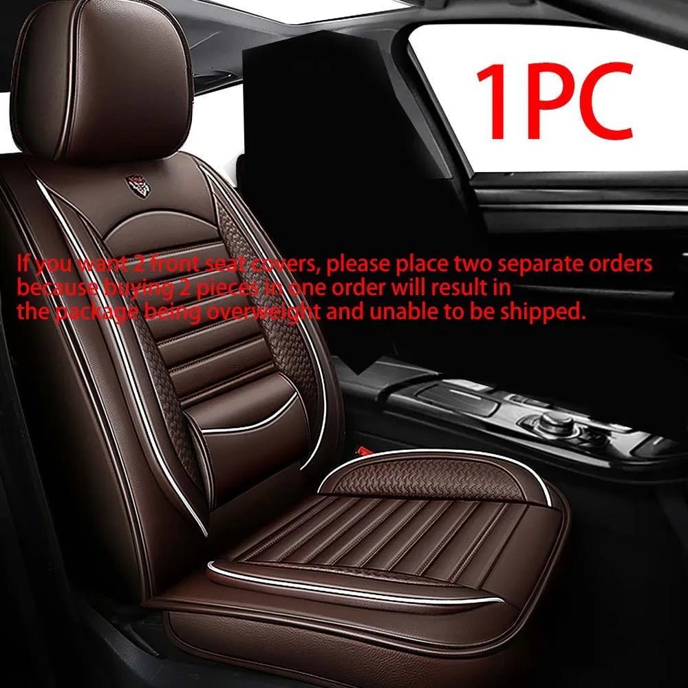 One piece of brown leather car seat covers installed in a vehicle interior.