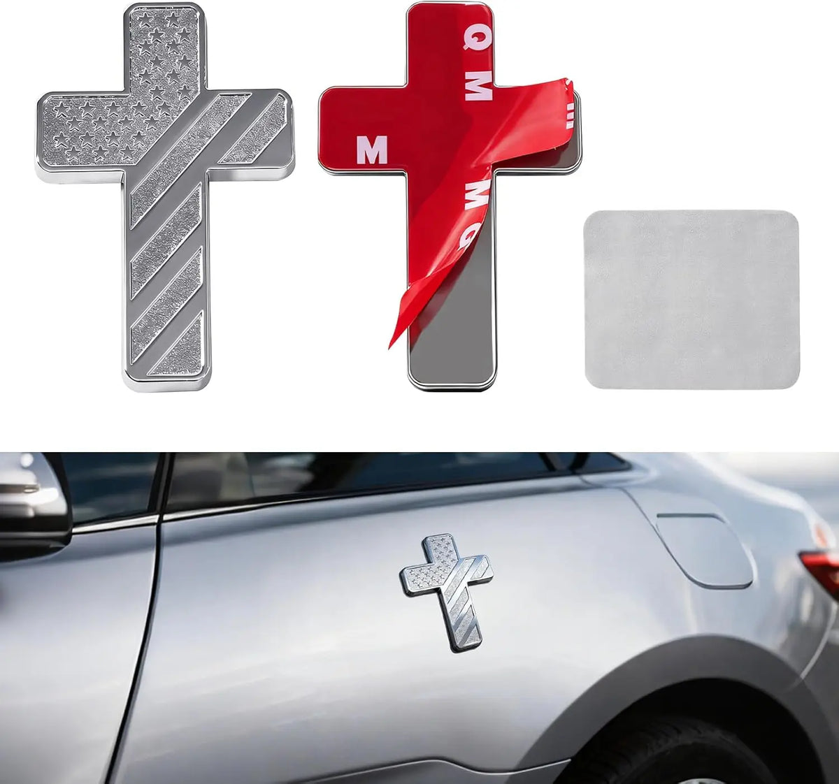 Three flag cross emblems in silver, red, and silver metal are shown next to a blank silver emblem on a car surface.