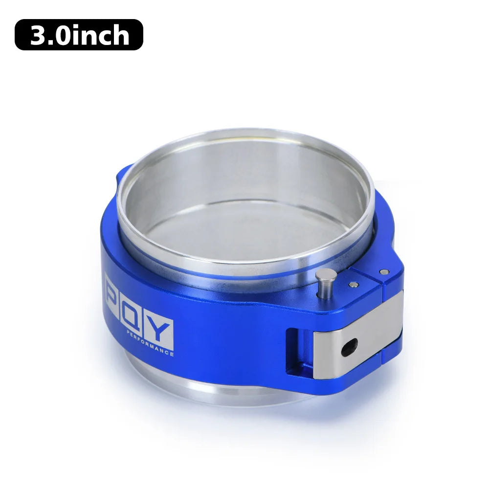 A blue and silver heavy-duty aluminum V-band clamp and flange assembly with a 3.0 inch measurement indicator.