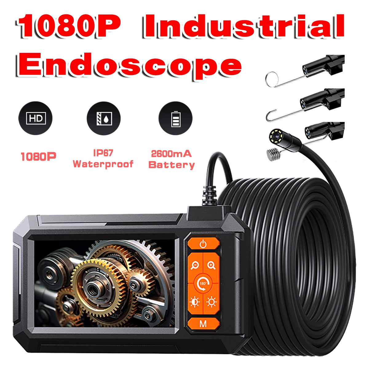 A black industrial endoscope camera with a coiled cable and various inspection tools is shown.