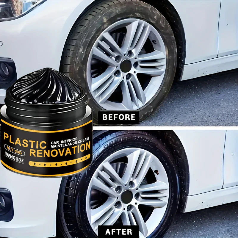 Before and after comparison of plastic car interior maintenance cream renovation on a tire.