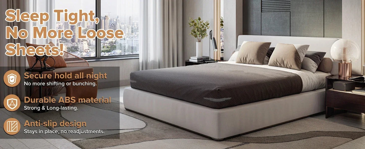 A set of four brown adjustable bed sheet corner holders is shown next to a modern bed and bedding.