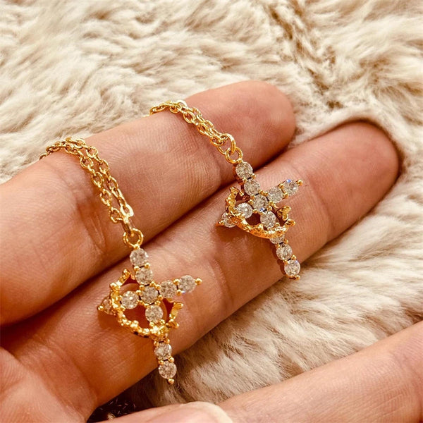 Rotating Cross Pendant Necklace with Rhinestone Detail