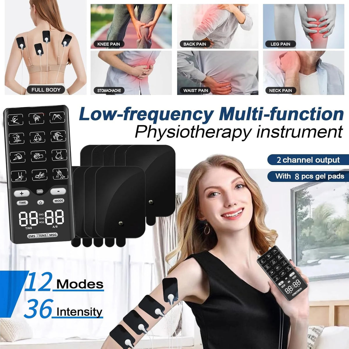 A woman holds a low-frequency multi-function physiotherapy instrument with pads and a remote control.