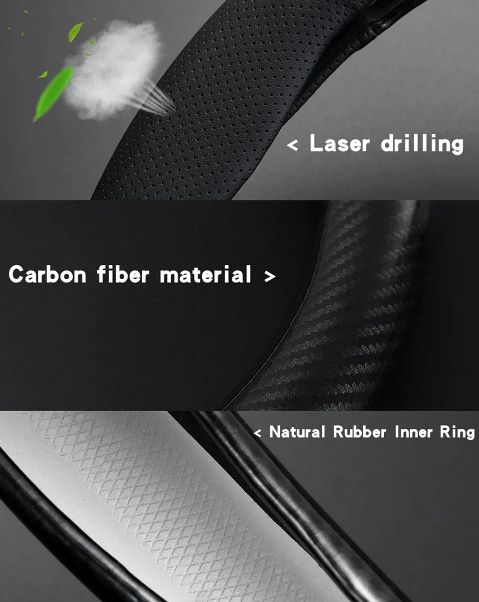 Carbon Fiber Leather Steering Wheel Cover with Anti-Slip Grip