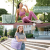 A woman is shown using a gym bag for women and a tote bag for school in an outdoor setting.