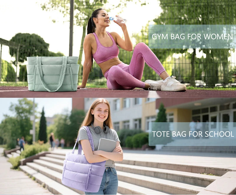 A woman is shown using a gym bag for women and a tote bag for school in an outdoor setting.