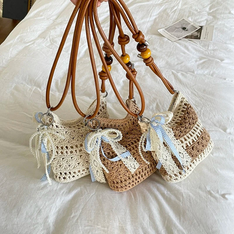 Boho Crochet Straw Shoulder Bag with Ribbon Bow