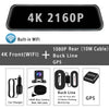 A set of automotive dash cam components including a 4K rearview camera, WiFi module, GPS unit, and a 10M cable for monitoring
