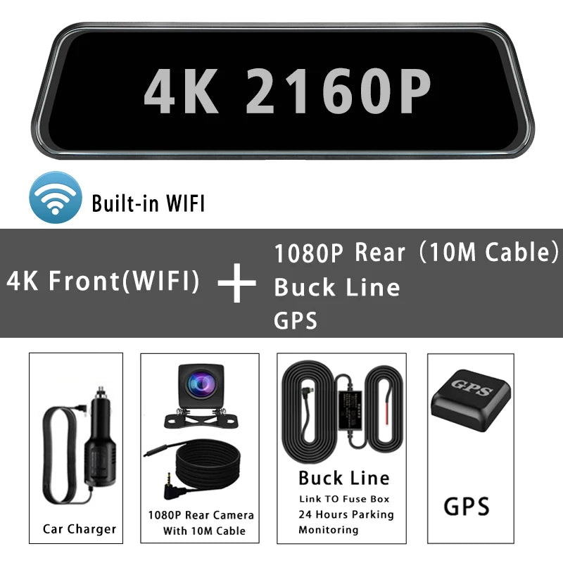 A set of automotive dash cam components including a 4K rearview camera, WiFi module, GPS unit, and a 10M cable for monitoring