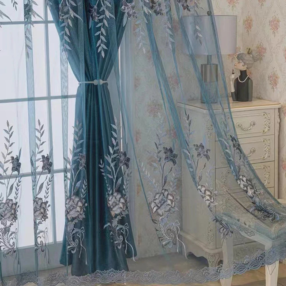 Nordic Embroidered Flower Double-Layer Curtain with Sheer Backing