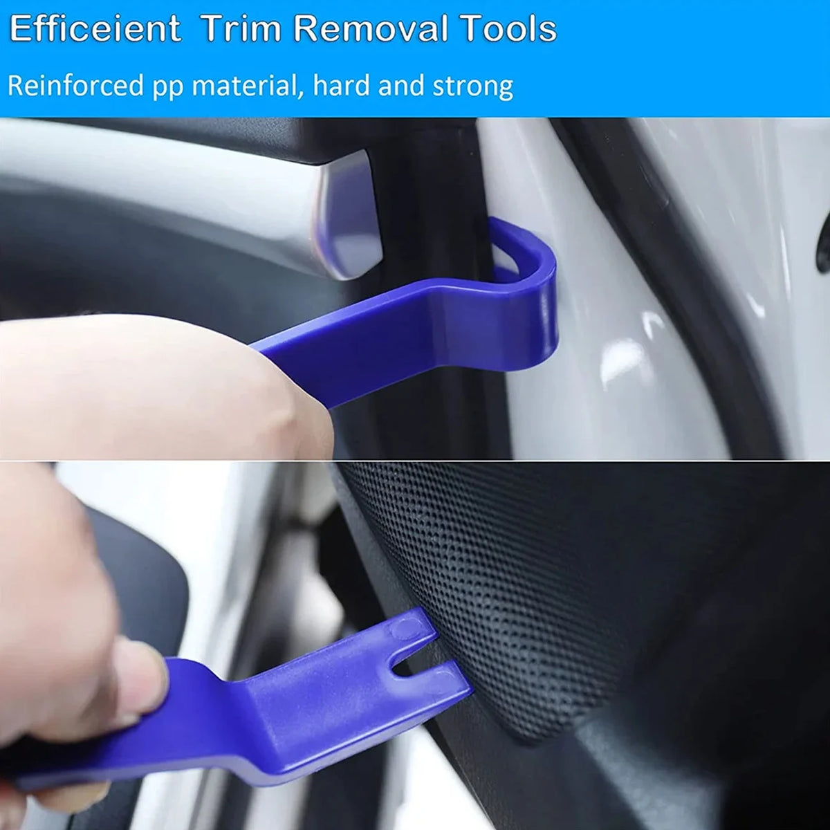 A hand is shown using a blue trim removal tool to detach plastic car interior trim.