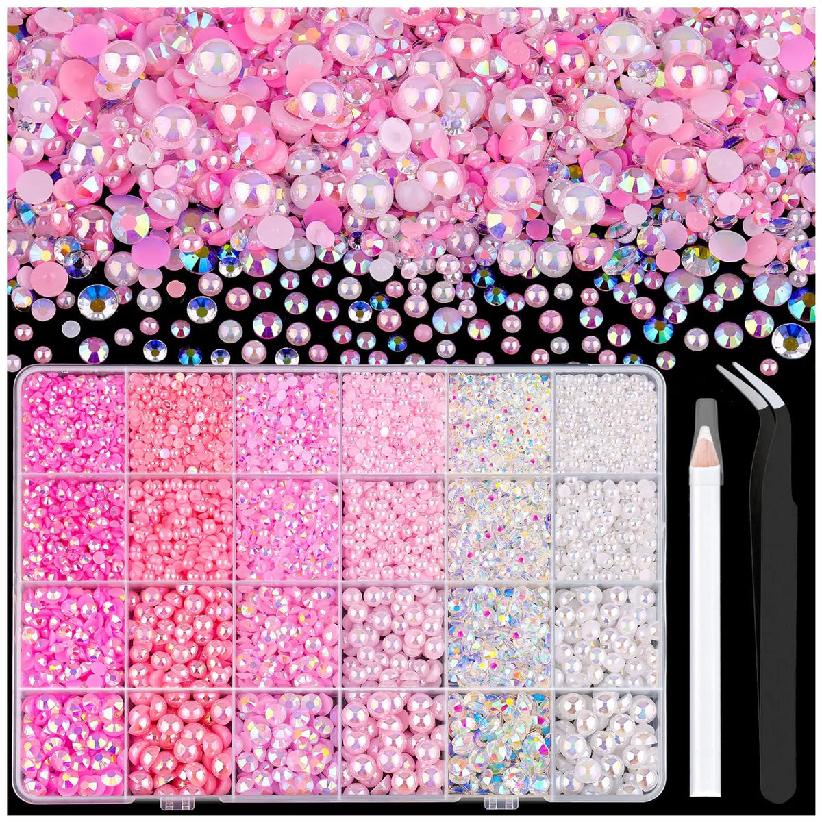 A flatback kit of pink, iridescent, and clear pearls and rhinestones with a tweezer and picker tool.