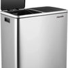 A stainless steel dual compartment recycling trash can with a soft-close lid.